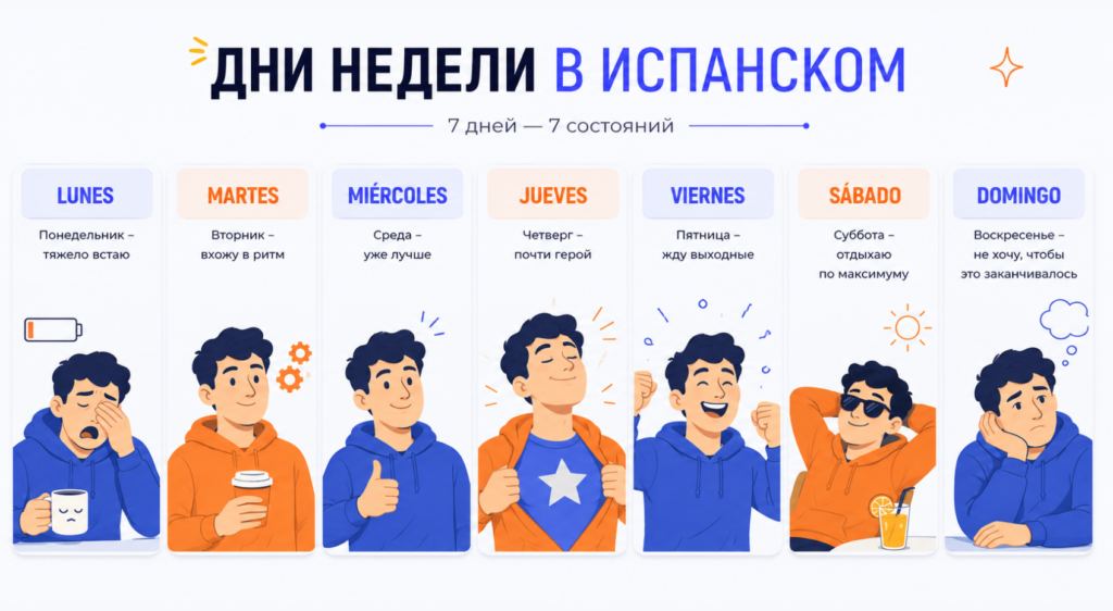 дни недели на испанском - таблица с произношением и переводом